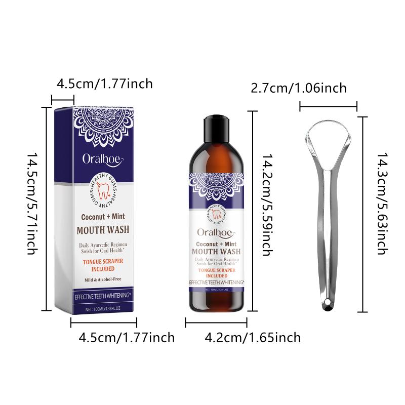 Coconut Mint Mouthwash Tongue Scraper Set Powerfully Removes Bad Breath Plaque Long-Lasting Freshness Coconut Oil Mouthwash