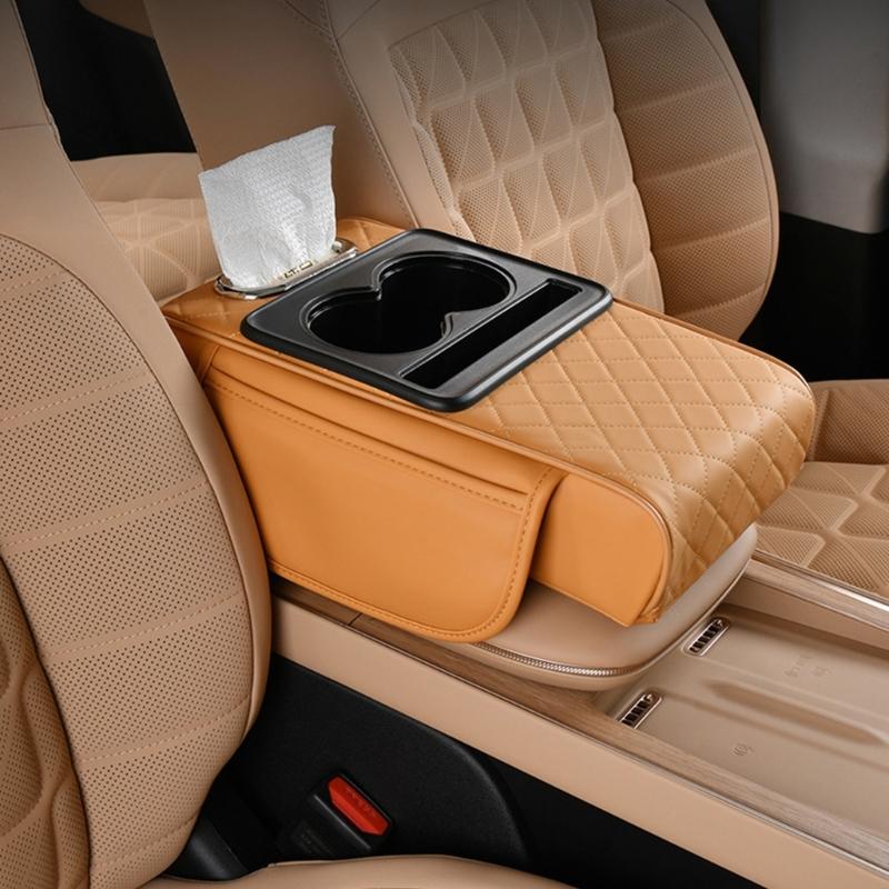 Car Armrest Box Thicken Height Pad Arm Rest Cushion with Pocket Tissue Cup Holder Elbow Support Universal