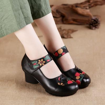 Women Vintage Pumps Genuine Leather Shoes Spring Elegant Shallow Ladies Thick with Shoes Womens Platform Red Women Shoes