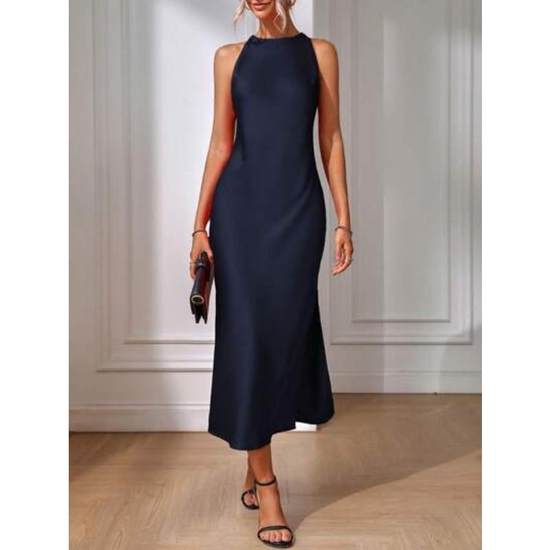 Vestido Longo Feminino de Gola Alta Sem Mangas Slim Fit com Fenda Lateral Vestido de Festa à Noite