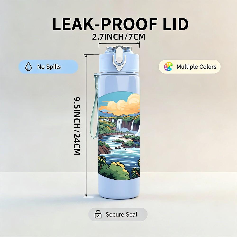 1PC Waterfall Mountain River Landscape Print 750ml Color Plastic Sports Water Bottle Leakproof Flip Straw Lid Suitable for Sports Office Home Use