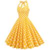 Vintage polka dot halter-neck, open-back, tie-front, slimming, figure-hugging, cinched waist, full-skirted midi dress for women