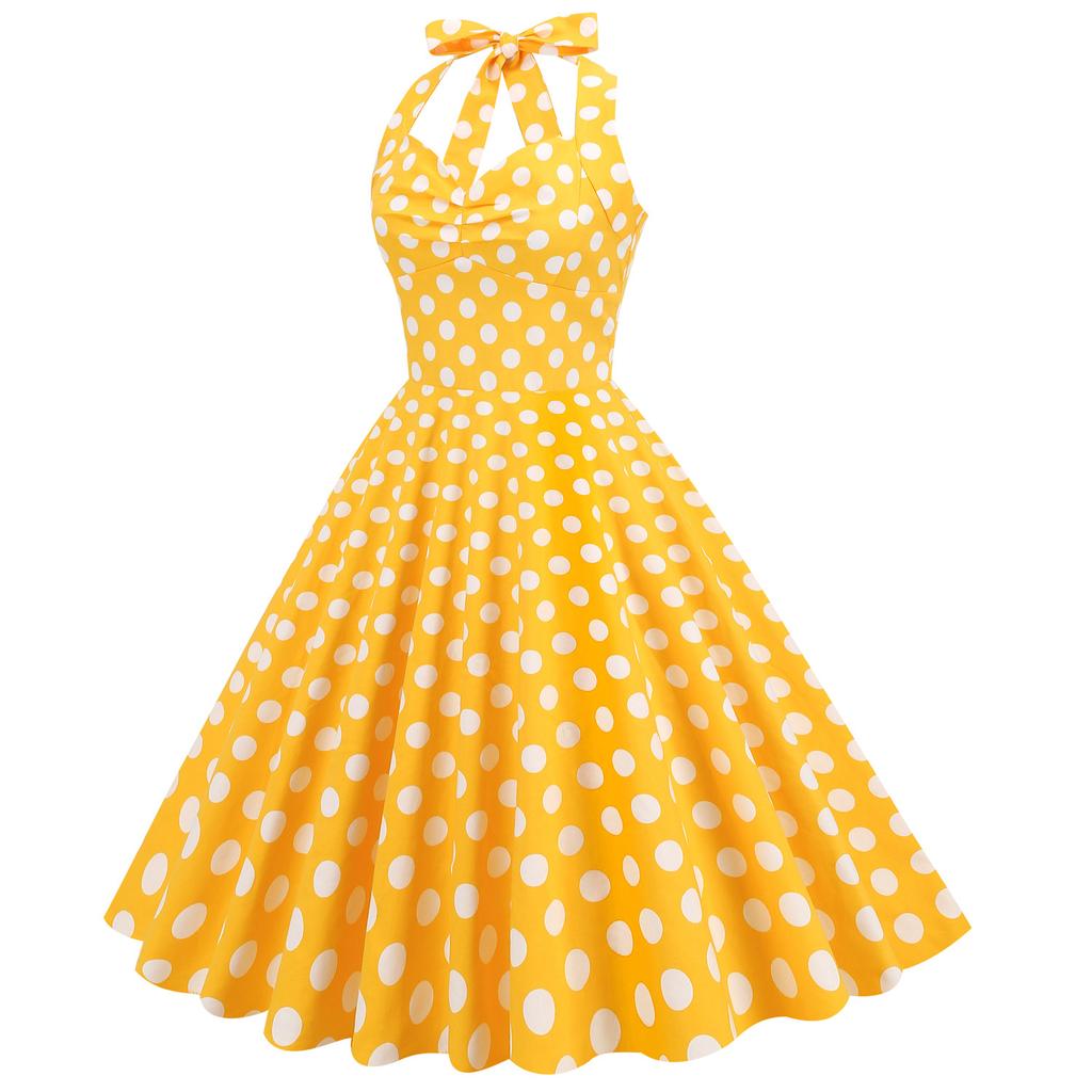 Vintage polka dot halter-neck, open-back, tie-front, slimming, figure-hugging, cinched waist, full-skirted midi dress for women