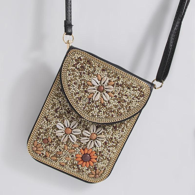 Exquisite Bohemian Style Crossbody Bag with Rice Beads, Shells, and Flowers