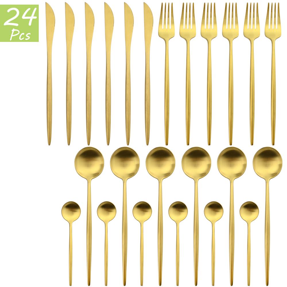 24Pcs Multicolor Dinnerware Set Knife Fork Spoons Teaspoon Tableware 18/10 Stainless Steel Cutlery Western Kitchen Silverware Flatware
