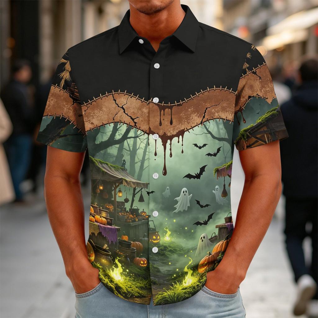 Men's Halloween Print Vintage Texture Button Down Cardigan, Loose Fit Breathable Summer Streetwear Casual Shirt