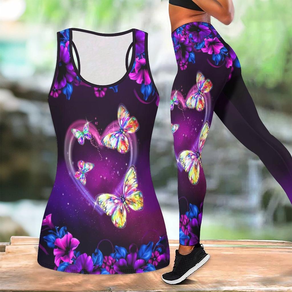 Butterfly Print Yoga Outfit for Women Fashion Workout Leggings Fitness Sports Casual Yoga Set Sports Suit