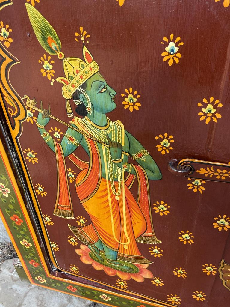 Retro Antique Wooden Window Panel Hand Painted Indian Religious Radha Krishna Frame