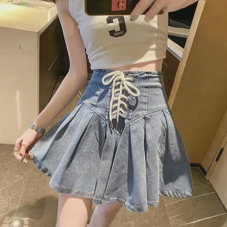 2024 Summer Slim A-Line Denim Pleated Skirt for Students
