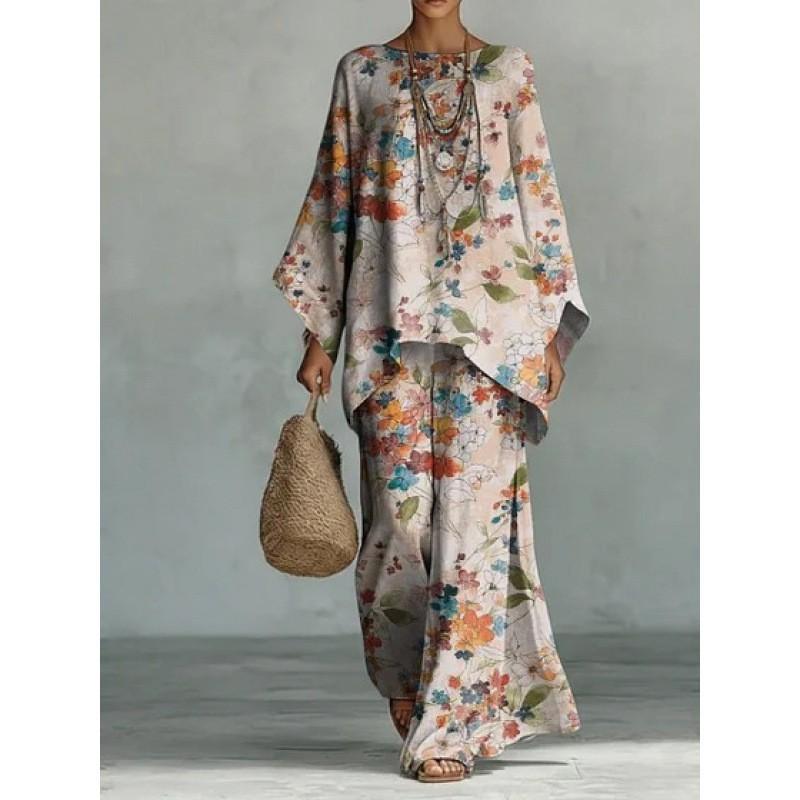 16 European and American artistic sense abstract graffiti set, round neck bat sleeve top + wide-leg pants loose two-piece set