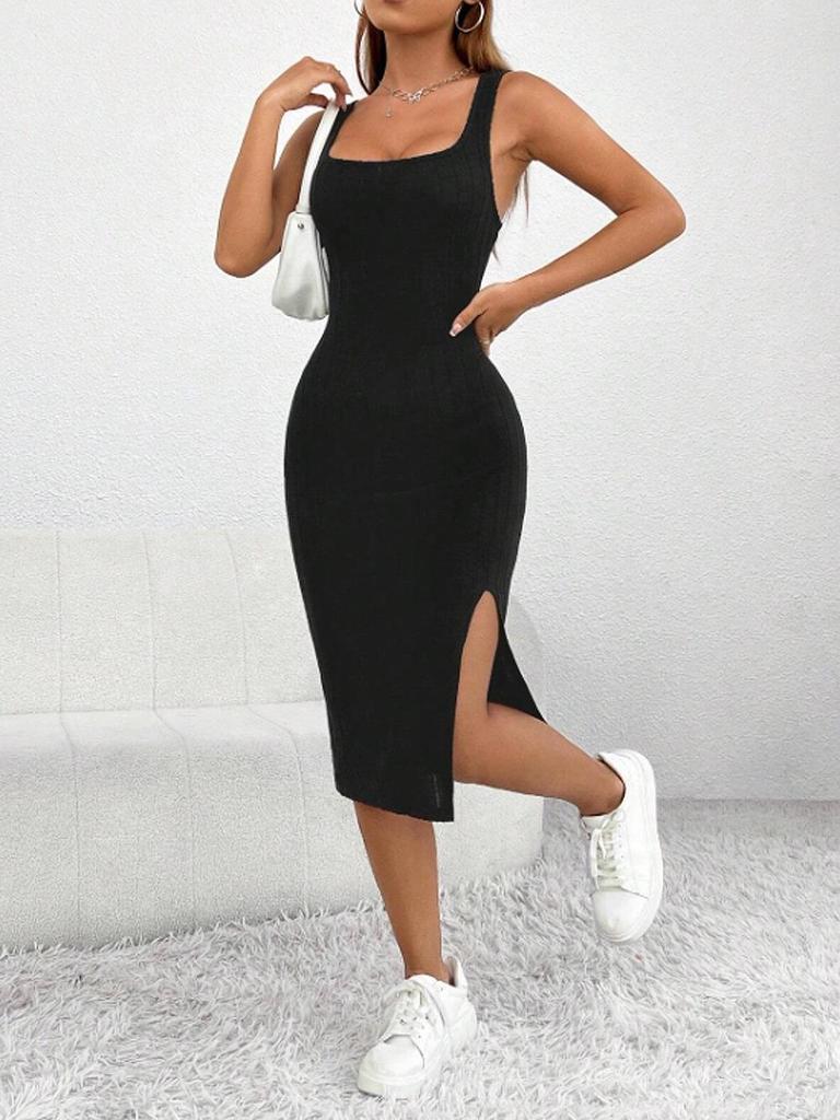 2024 Spring/Summer Sleeveless Slim Fit Dress: Solid Color, Large Hole Stripe Fabric with Slit Design for Women