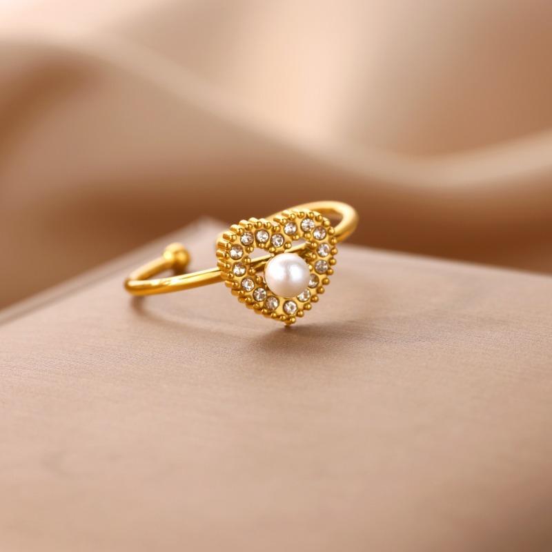 Light luxury zircon pearl heart-shaped ring women's opening adjustable temperament high-end k gold exquisite ring new