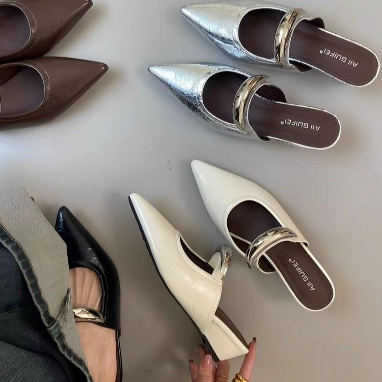 Müller's New Metal Buckle French Retro Slippers Women's Outer Wear Pointed Tip Will Increase by Half a Drag Within 2025 Mary Jane Wedge Heel