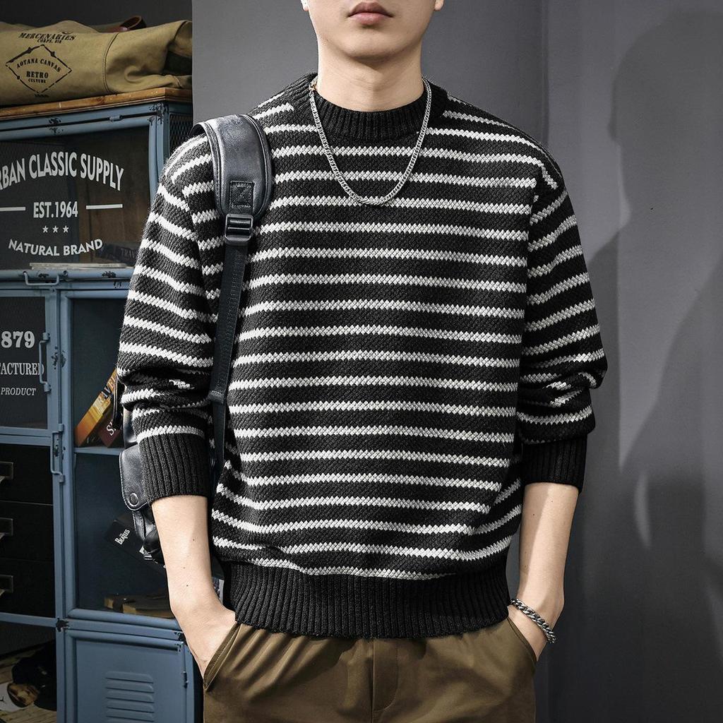 2025 Men's Striped Heavy Gauge Sweater: Autumn/Winter Long Sleeve Knit Base Layer