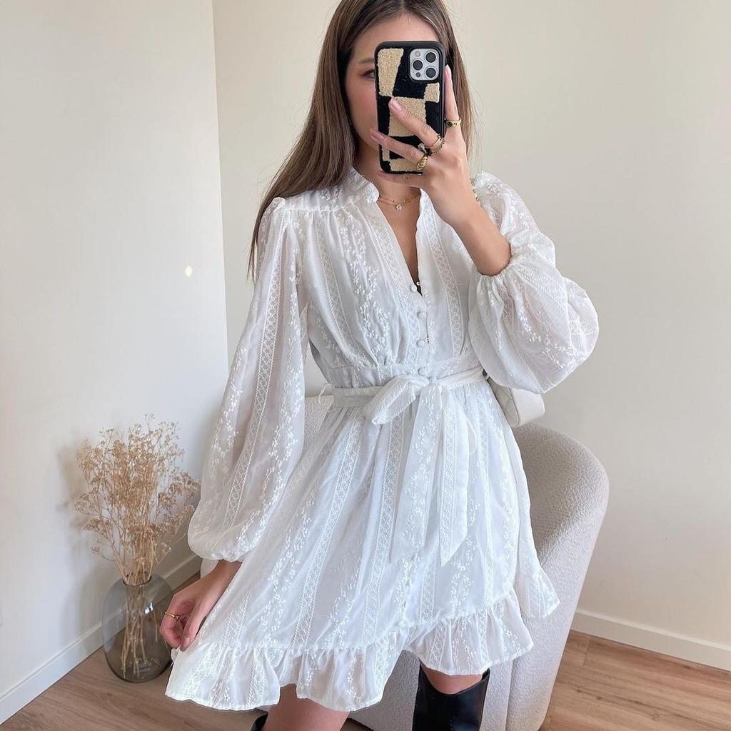 New Ladies Summer Lantern Sleeve Solid Chiffon Dress Women Sexy A Line Knee Lengh Dresses