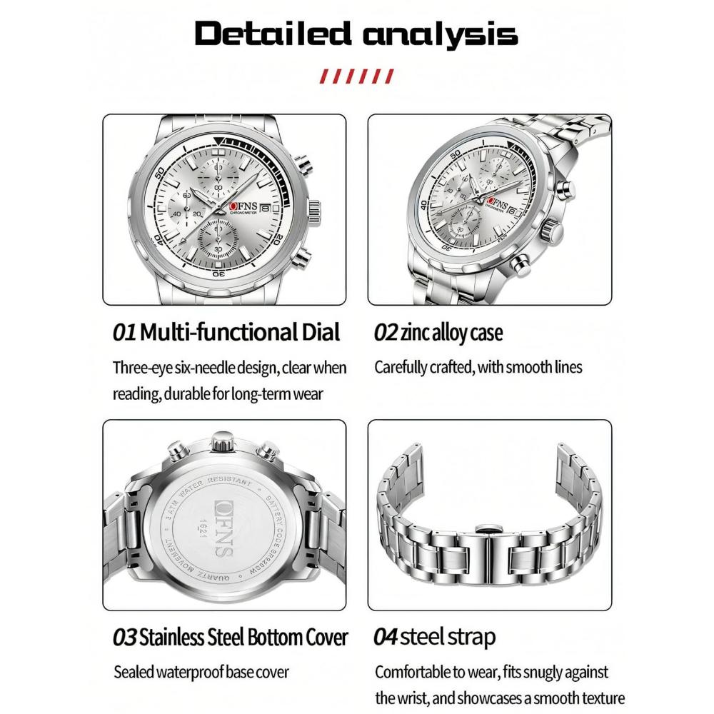 Men's Business and Leisure Watch with Three Eyes Six Needles Quartz Movement Night Light Display Waterproof Wristwatch