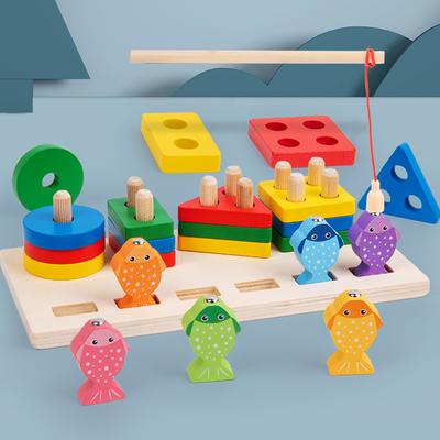 Montessori dětské vývojové hračky 2 v 1 Třídění tvarů Puzzle a rybářská hra Dřevěné vzdělávací hračky pro děti 3 4 5 let