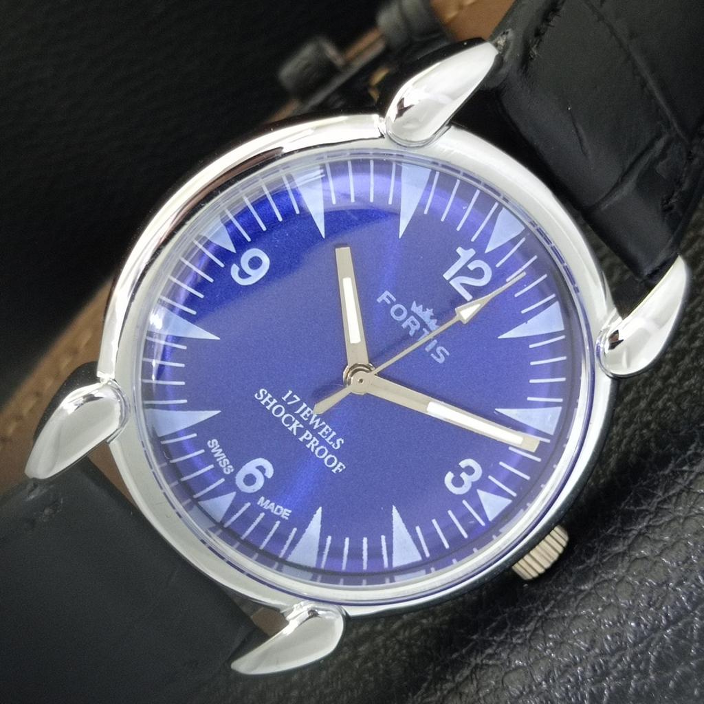 HAND-WINDING SWISS MENS VINTAGE REFURBISHED BLUE COLOR DIAL WATCH A700841-5 R205a-a700841
