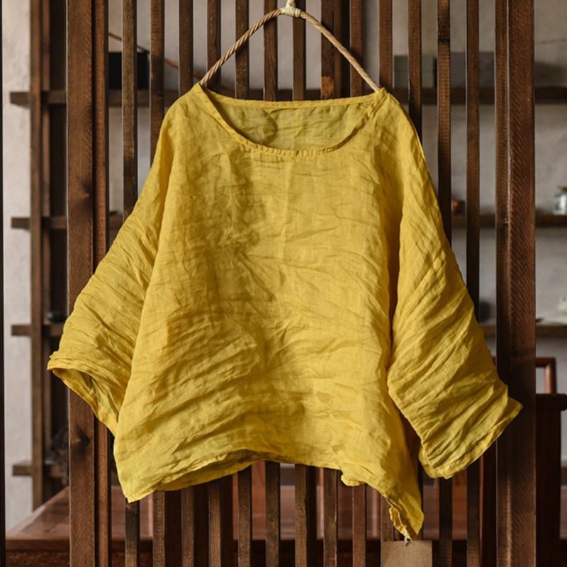 Johnature Vintage Women T-Shirts O-Neck Seven Sleeve Autumn Loose Casual Soft High Quality T-Shirts