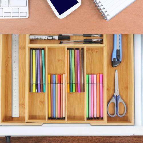VaeFae Bamboo Silverware Organizer, Expandable Kitchen Drawer Organizer for Cutlery, Wooden Utensil Holder, Multifunctional Drawer Storage, 5-7 Compar