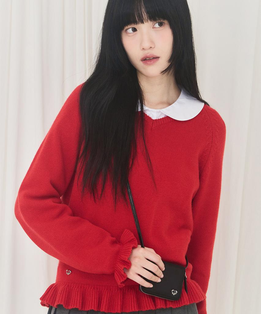 Alkialka V-Neck Frill Knit (Red)