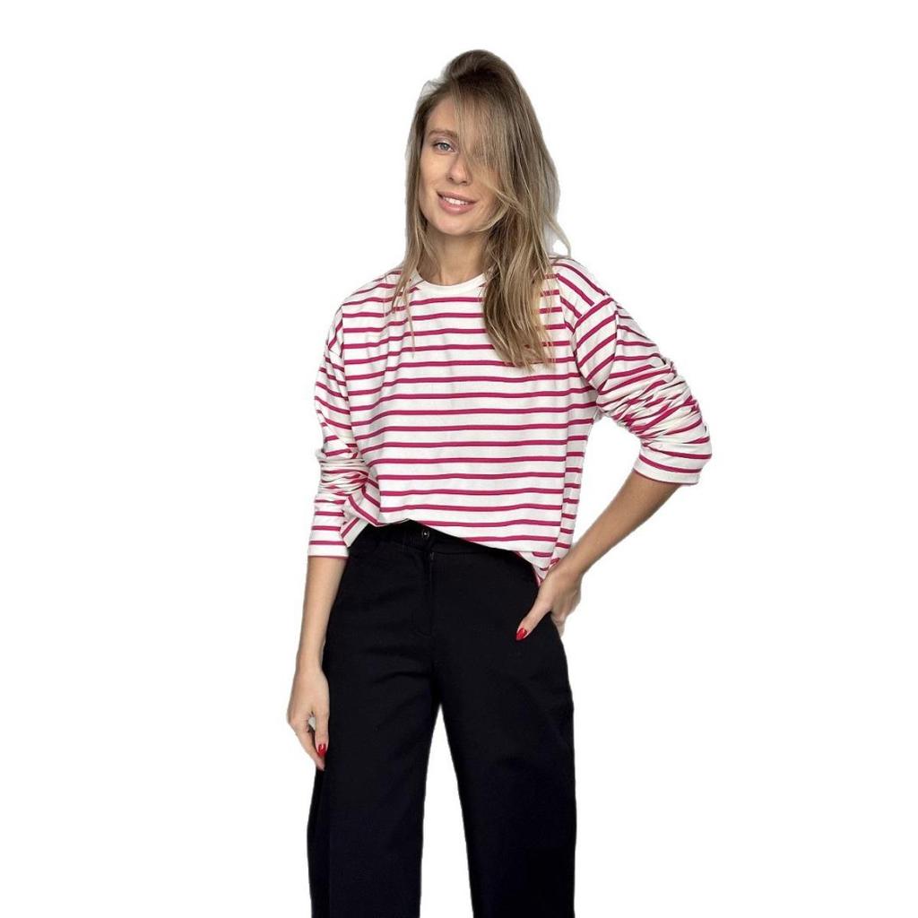 Casual Women's Long Sleeve Round Neck Striped Cotton Top for Spring Fashion Versatile T-shirt America and Europe