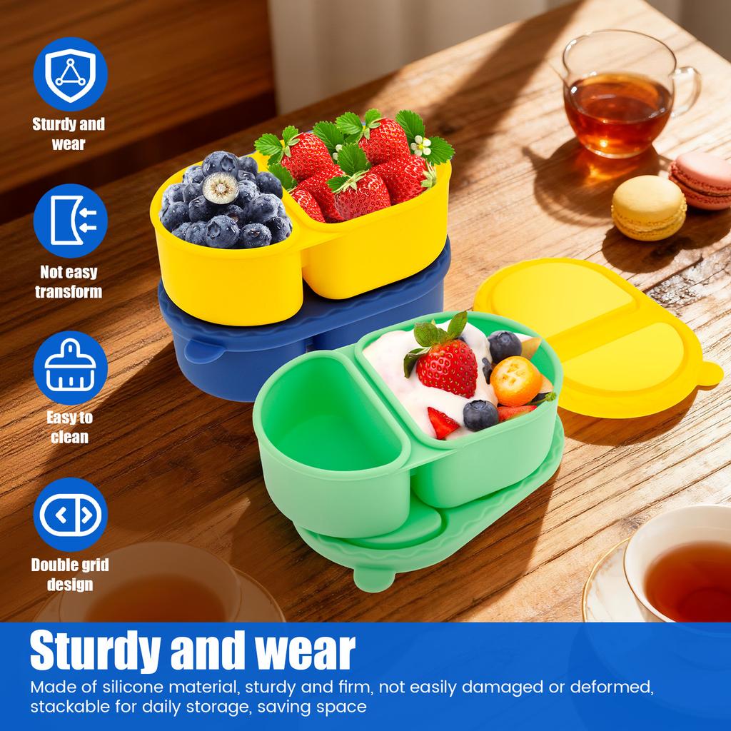 4 Pcs Snack Container Silicone Double Compartment Sauce Container with Lid Collapsible Food Storage Containers Kitchen Accessory