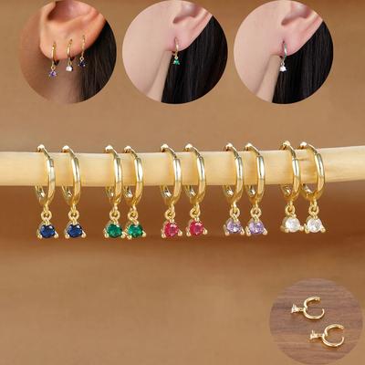 Simple Multicolor Stone Gold Color Matel Small Dangle Earring For Women Sweet Round Pendant Stainless Steel Fashion Jewelry Gift