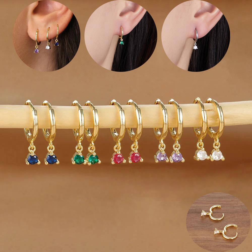 Simple Multicolor Stone Gold Color Matel Small Dangle Earring For Women Sweet Round Pendant Stainless Steel Fashion Jewelry Gift