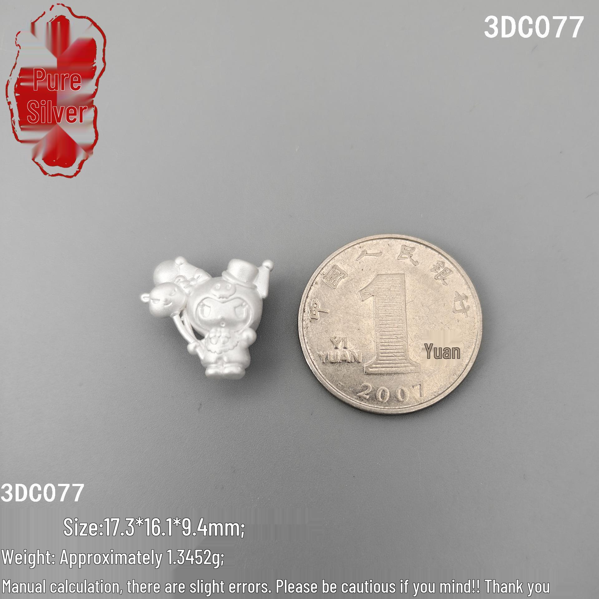 Sterling Silver Kuromi Balloon Beads - Sanrio Devil 3D Handmade Accessory 999 Pure Silver: Price for One