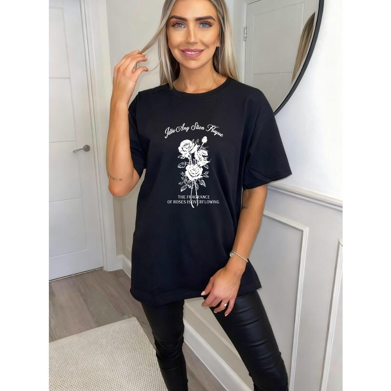 Oversized T Shirt Black Rose Floral Print With Text Statement Casual Wear For Women Streetwear Fashion Top Summer Outfit