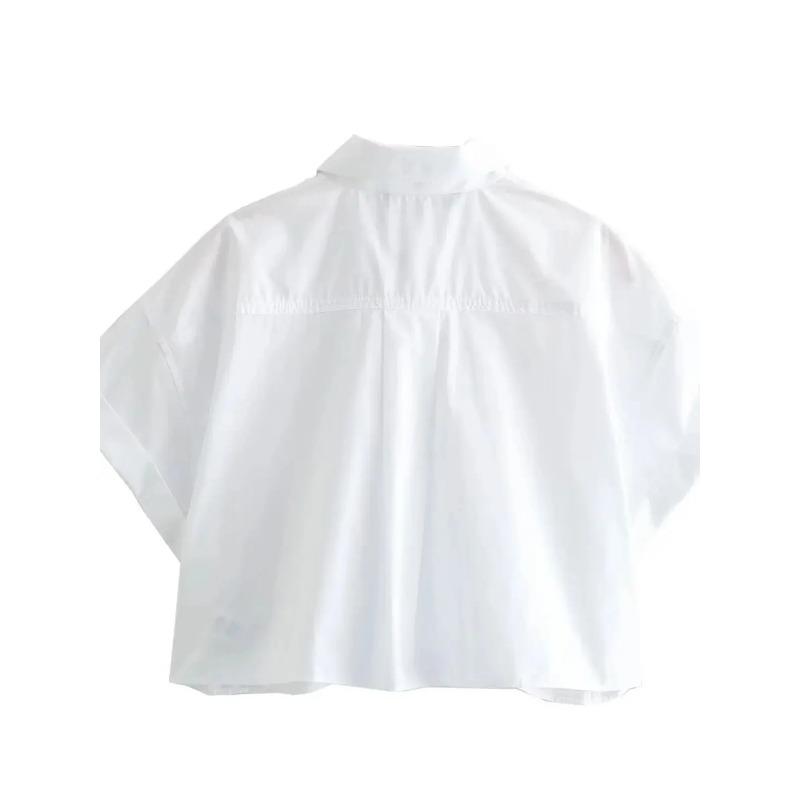 Dámská módní zkrácená popelínová košile Dámská ležérní klopa Krátký rukáv Kapsa Vpředu Knoflíky Všestranný dámský top