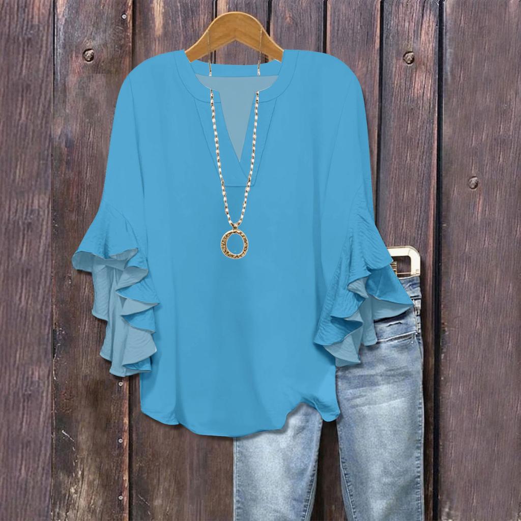 3/4 Sleeve Shirts For Women Cute Print Graphic Tees Blouses Casual Plus Size Basic Ruffled Sleeve Tops Pullover