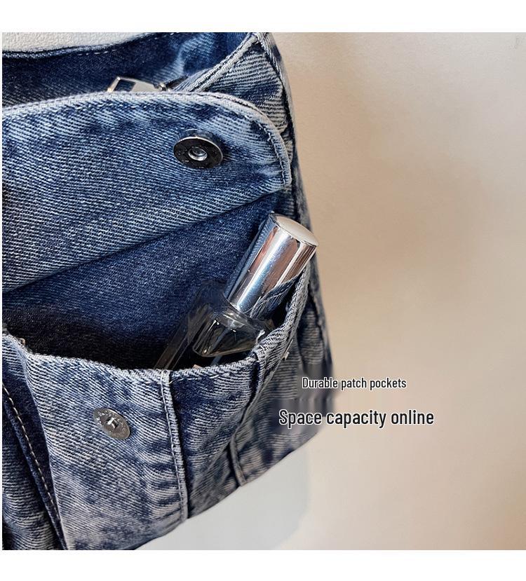Large Capacity Denim Tote: Japanese & Korean Style, Workwear-Inspired, Versatile Daily Commute & Sports Crossbody Bag