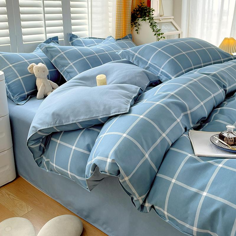 Soft Color Block Checkered Bedding Set Comfy 100% Washed Cotton Blue Plaid Duvet Cover Set King Queen Size Comforter Cover Sheet