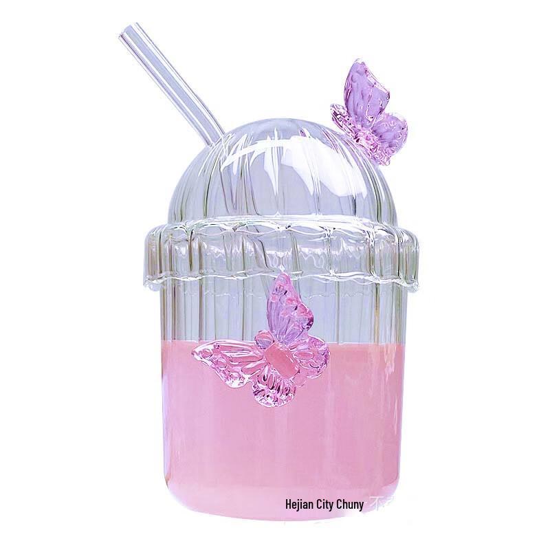 Butterfly Stripe Glass Straw Cup