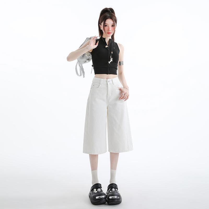 High Quality Retro High Waist Flared Denim Shorts Women Summer Loose Casual Wide Leg Cropped Pants