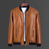 Men Fall Winter Jacket Vinatge Smooth Faux Leather Windproof Plus Size Stand Collar Solid Color Long Sleeve Zipper Closure