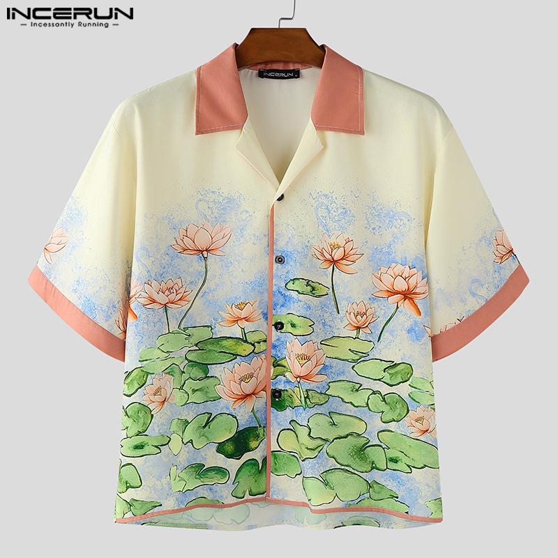INCERUN Oversized Men Stitching Casual Loose Short Sleeve Print Shirts Tops