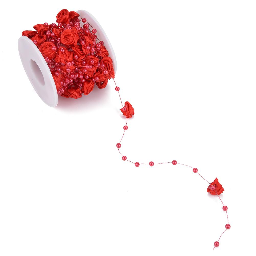 10mroll Rose Artificial Pearl Wire Beads Garland String DIY Wedding Decoration(red)