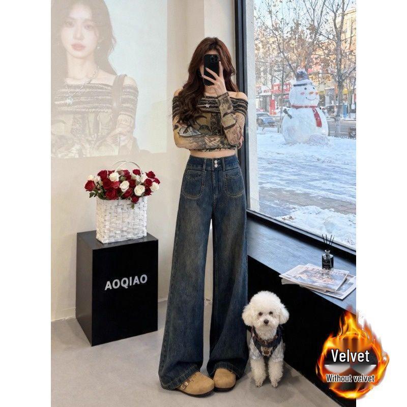 Samtige Verdickte Weitbeinige Jeans: Damen High-Waist Retro Birnenform Hose für Herbst/Winter 2025