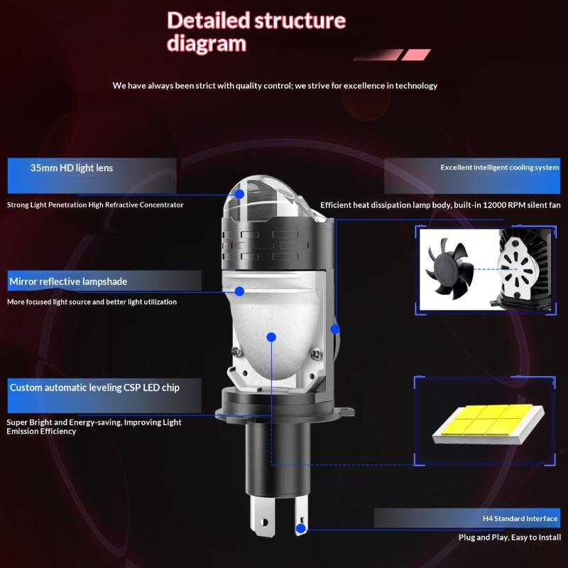 H4 Bi LED Projector Headlight Bulbs Mini Lens Canbus Turbo Cooling 120W Plug and Play for SUV Truck Headlight Replace