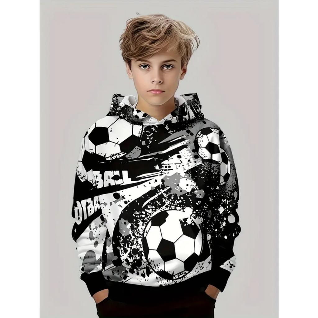 Jungen 3D Fußball Harajuku Print Hoodie Lässig Polyester Langarm, Leichter Stretch, Kapuzen-Outdoor-Sweatshirt zum Laufen