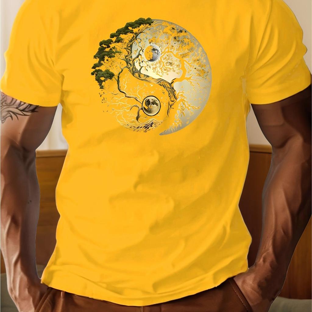 Men's summer casual loose sports yin-yang tree pattern print round neck short sleeved T-shirt top