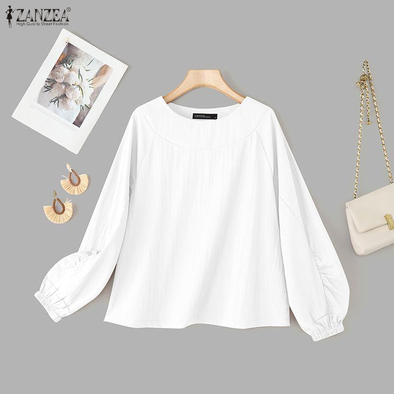 ZANZEA Women Casual Round Neck Solid Color Loose Long Sleeve Blouse