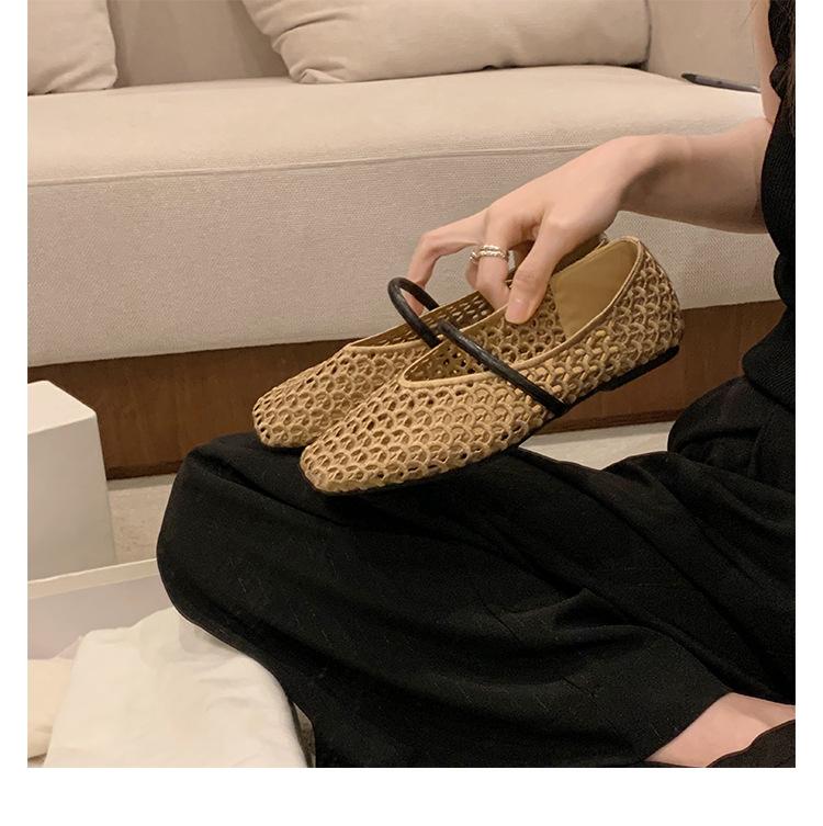 Sheepskin Version~ French Square Head Hollow Mesh Leather Sandals Women's New Soft-soled Woven Sandals Mary Jane Single Shoes