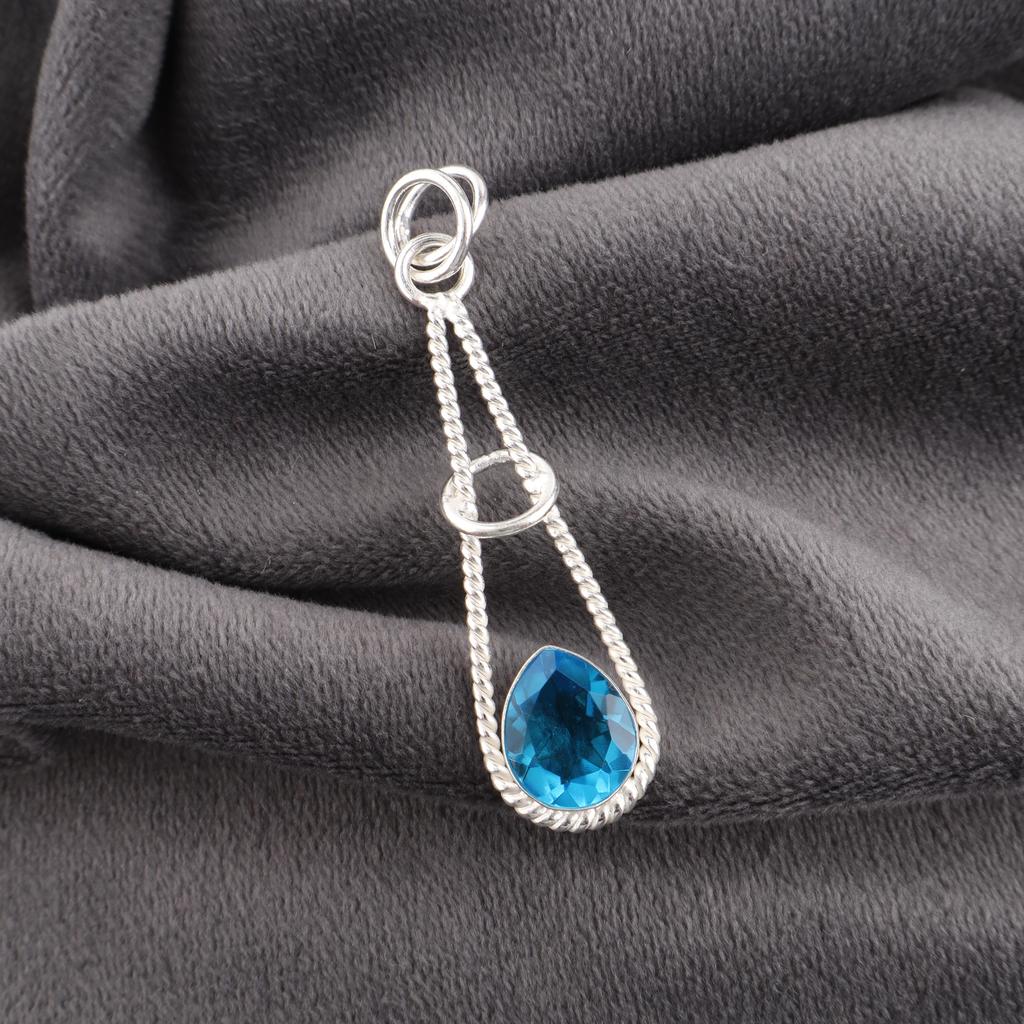 Swiss Blue Topaz Pendant, Handmade Gemstone Pendant, 925 Solid Sterling Silver Pendant Antique Jewelry, For Engagement Gift
