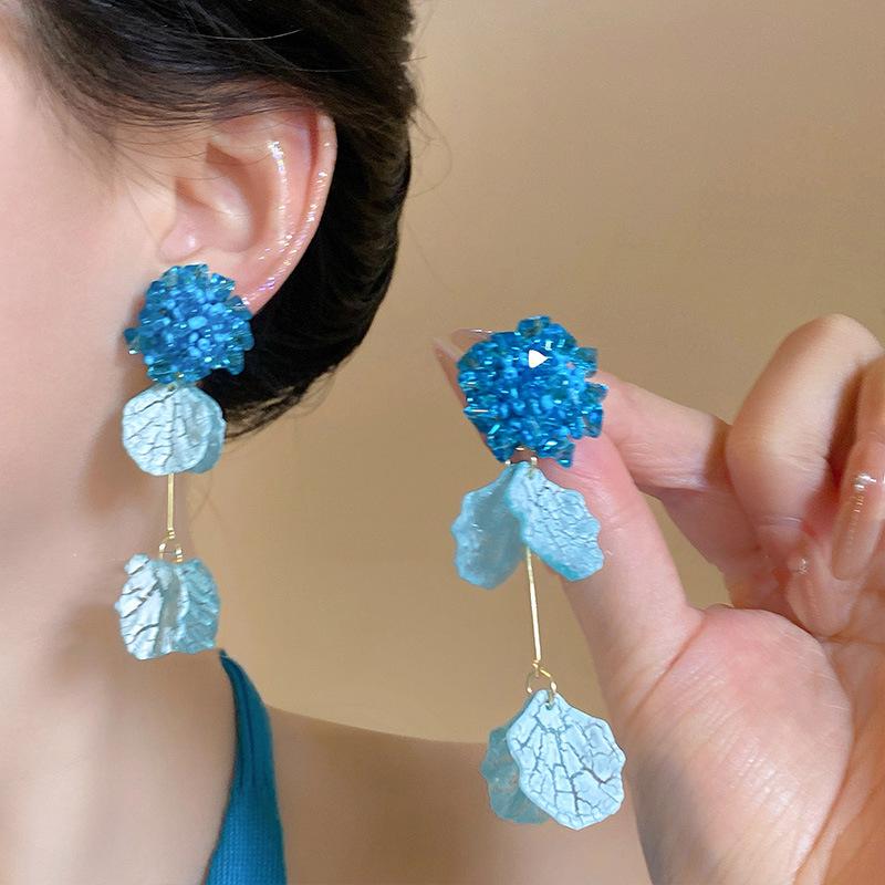 Blue Flower Leaf Dangle Earrings - Acrylic Long Drop Earrings for Women, Summer Beach Vacation Party Jewelry Accessories