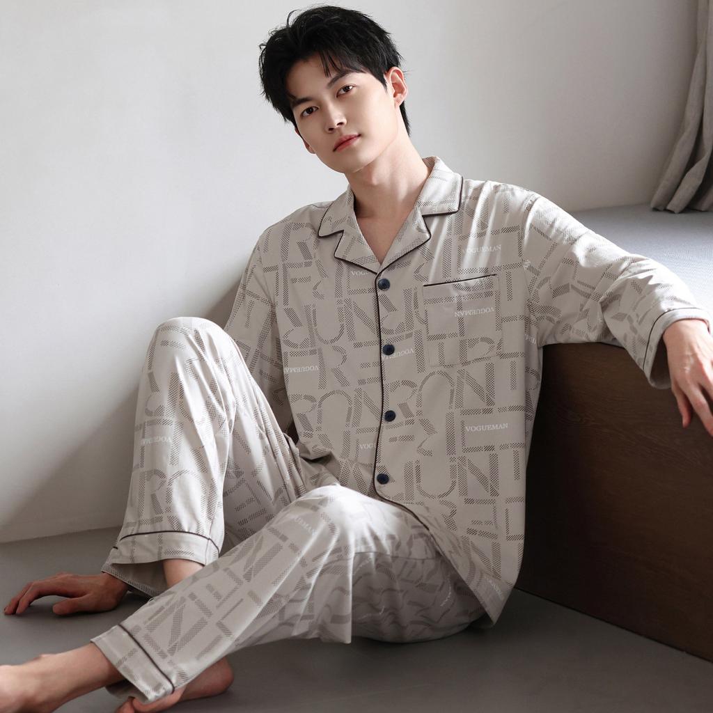 Pajamas Men's Spring and Autumn Cotton Long Sleeve 1011 New Dad Men's Autumn Thin Large Size Loungewear Set