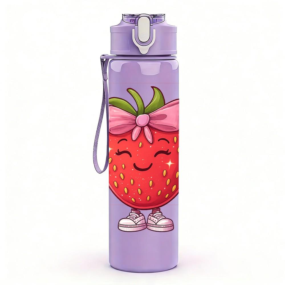 1PC Strawberry Fruit Cartoon Character Print 750ml Color Plastic Sports Water Bottle Leakproof Flip Straw Lid Suitable for Sports Office Home Use